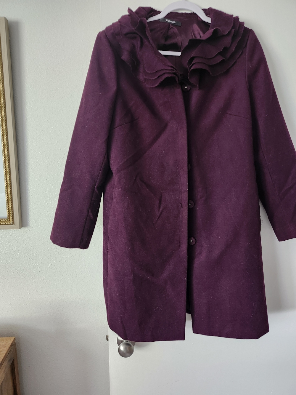 Tahari Plum Purple Ruffle-Collar Pea Coat